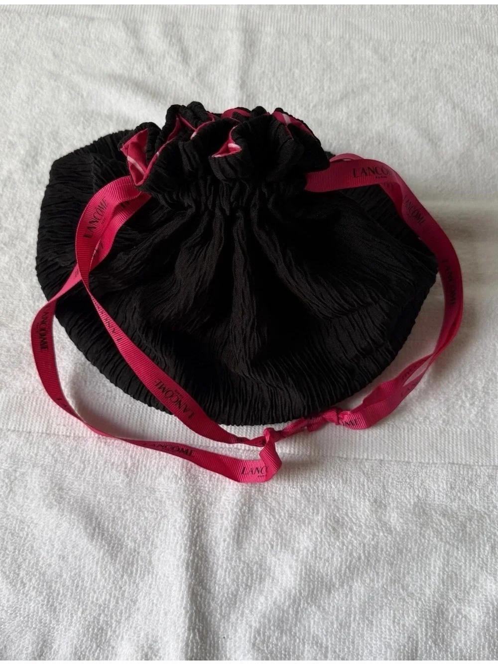 Lancome Black Drawstring Cosmetic Pouch with Pink Logo Straps
